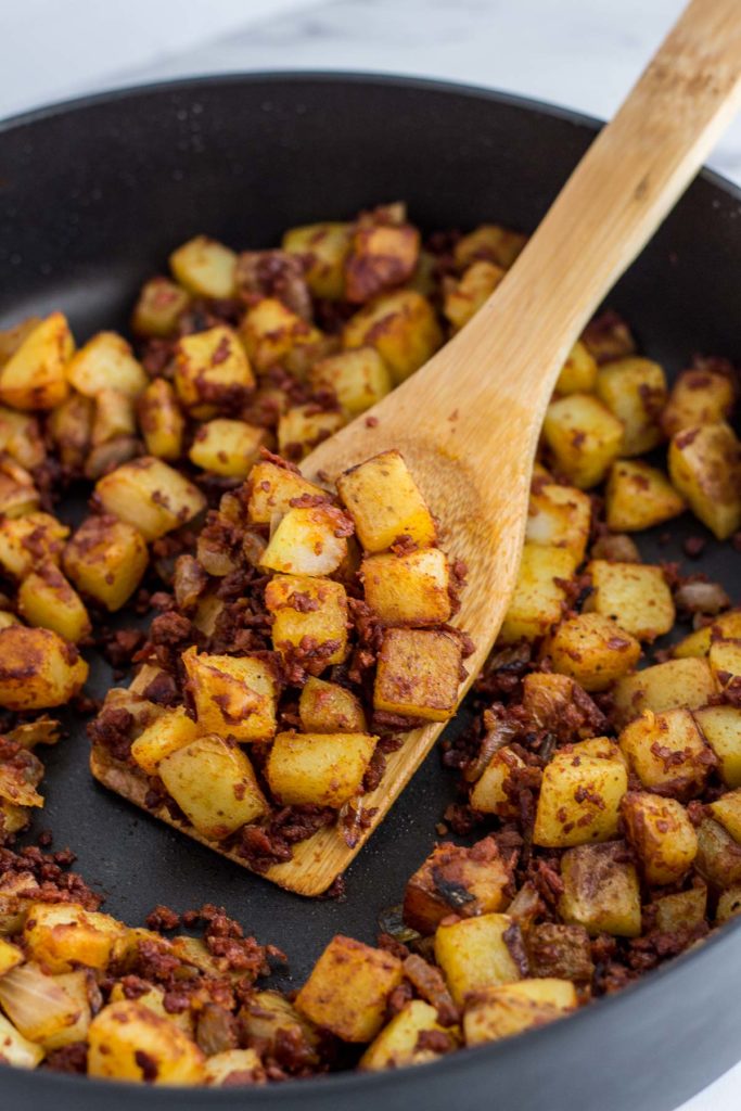 Vegan chorizo potato hash in pan