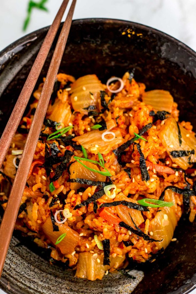 bowl full of kimchi fried rice without fried egg - vegan friendly