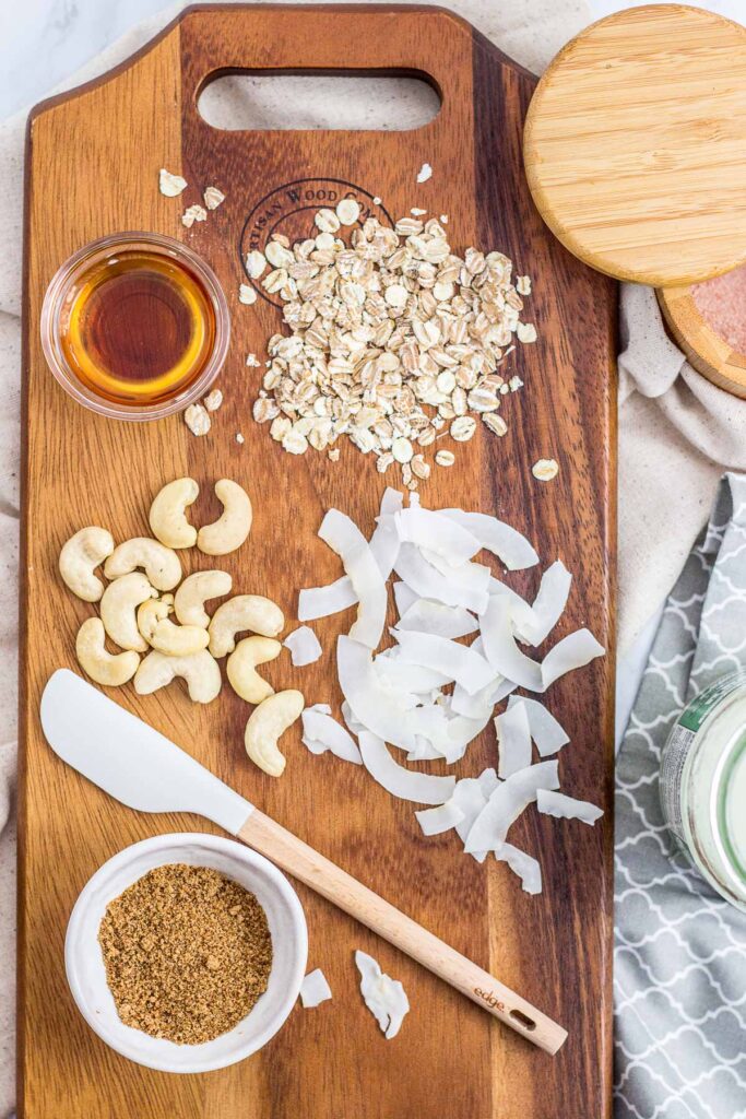 Ingredients to make small batch cashew coconut granola