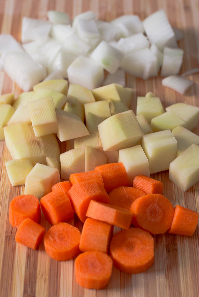 chopped onion, potato, and carrot