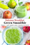 photo of green smoothie with fruits on top and smoothie in blender on the bottom.