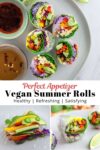 overhead shot of vegan summer rolls with two sauce on top and before rolling the roll photo and half of the cut roll photo on the bottom.