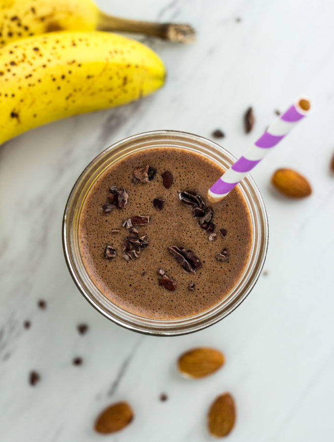 mood boosting cacao smoothie, overhead shot