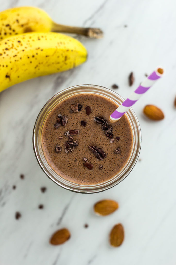 mood boosting cacao smoothie, overhead shot