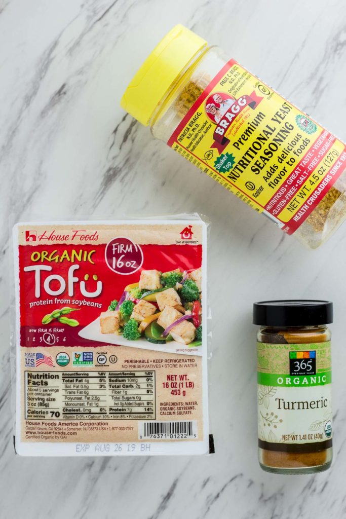 Tofu Scramble ingredients - tofu, turmeric, and nutritional yeast
