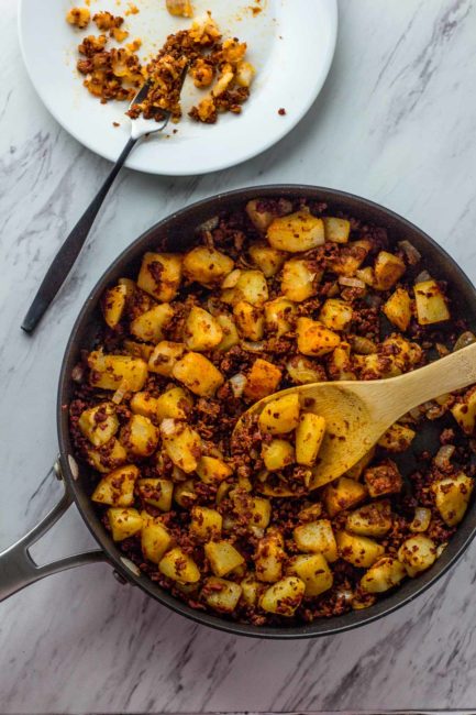 Vegan chorizo potato hash in pan