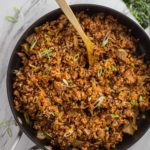 fried rice in the skillet, overhead shot