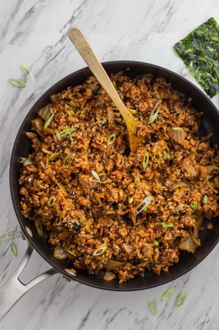 fried rice in the skillet, overhead shot