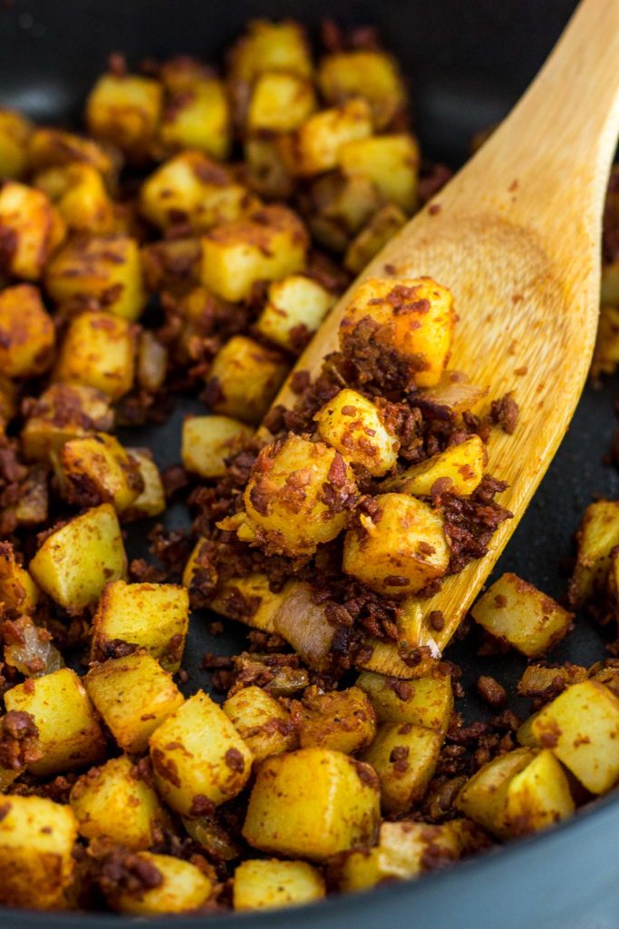 Vegan chorizo potato hash close up