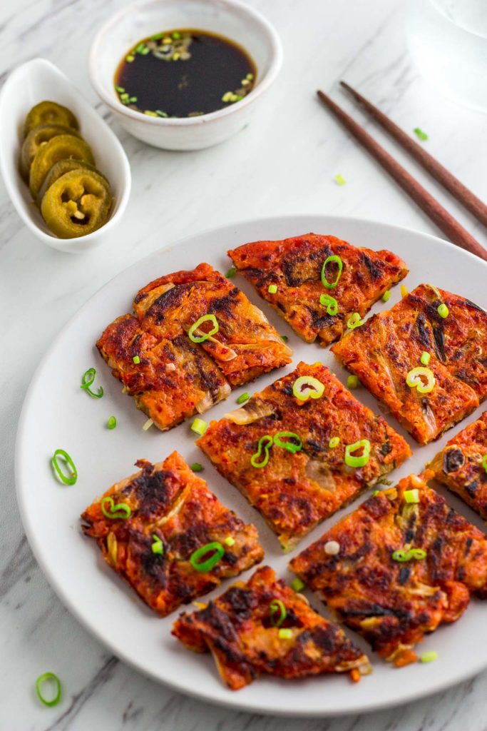 kimchi pancakes with dipping sauce