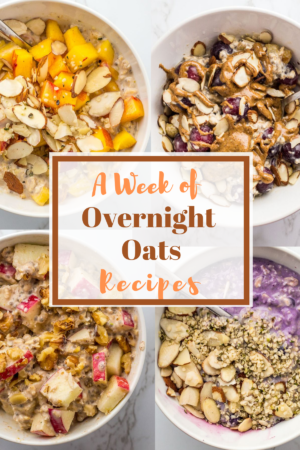 Four bowls of overnight oats with title of "a week of overnight oats recipes" in the middle