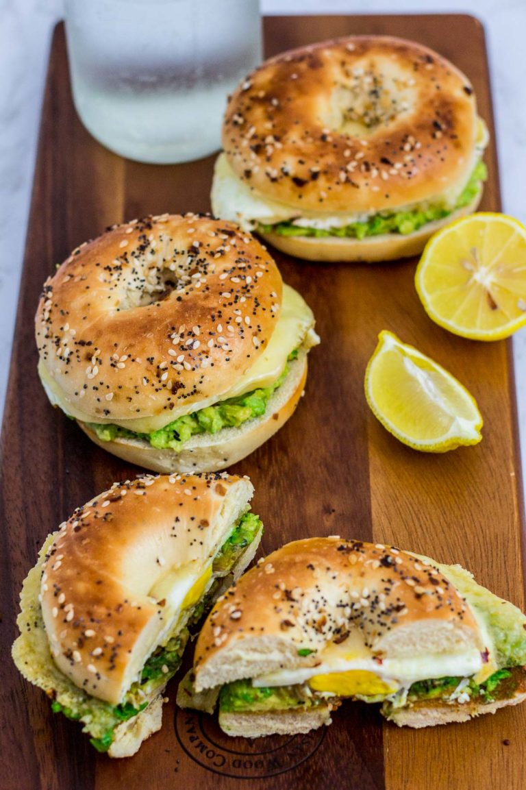 Avocado bagel breakfast sandwich with fried egg - My Eclectic Bites