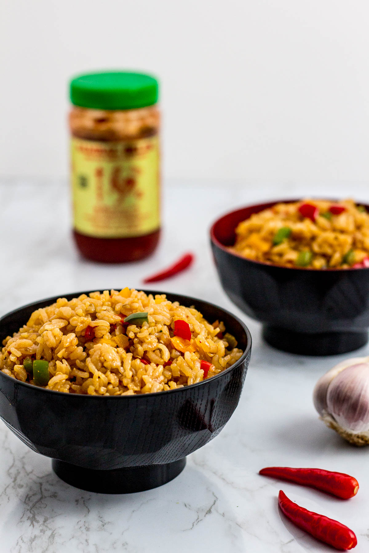 two extra spicy vegetable fried rice in the bowl