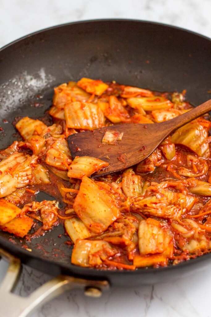 Fried vegan kimchi on the pan