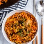 Overhead shot of 3 Ingredients Vegan Kimchi Ramen Fried Rice