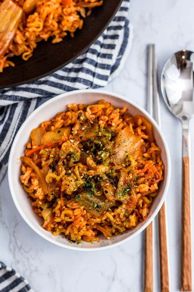 Overhead shot of 3 Ingredients Vegan Kimchi Ramen Fried Rice