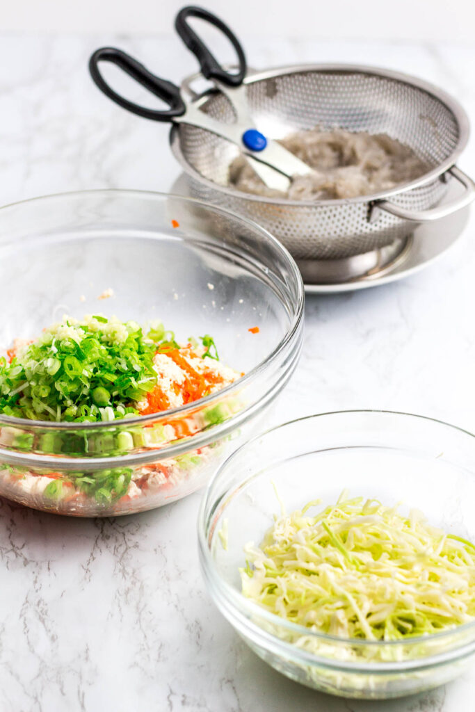 sweet potato noodles, tofu and minced vegetables and salted cabbage to make mandu/dumplings