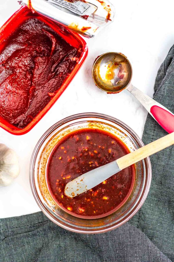 sweet and spicy sauce for the briased potato and shishito. Gochujang in the background