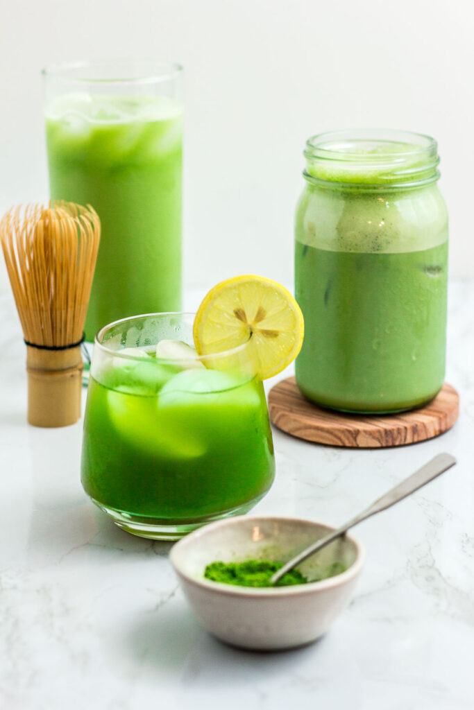 iced matcha water, matcha latte and matcha lemonade