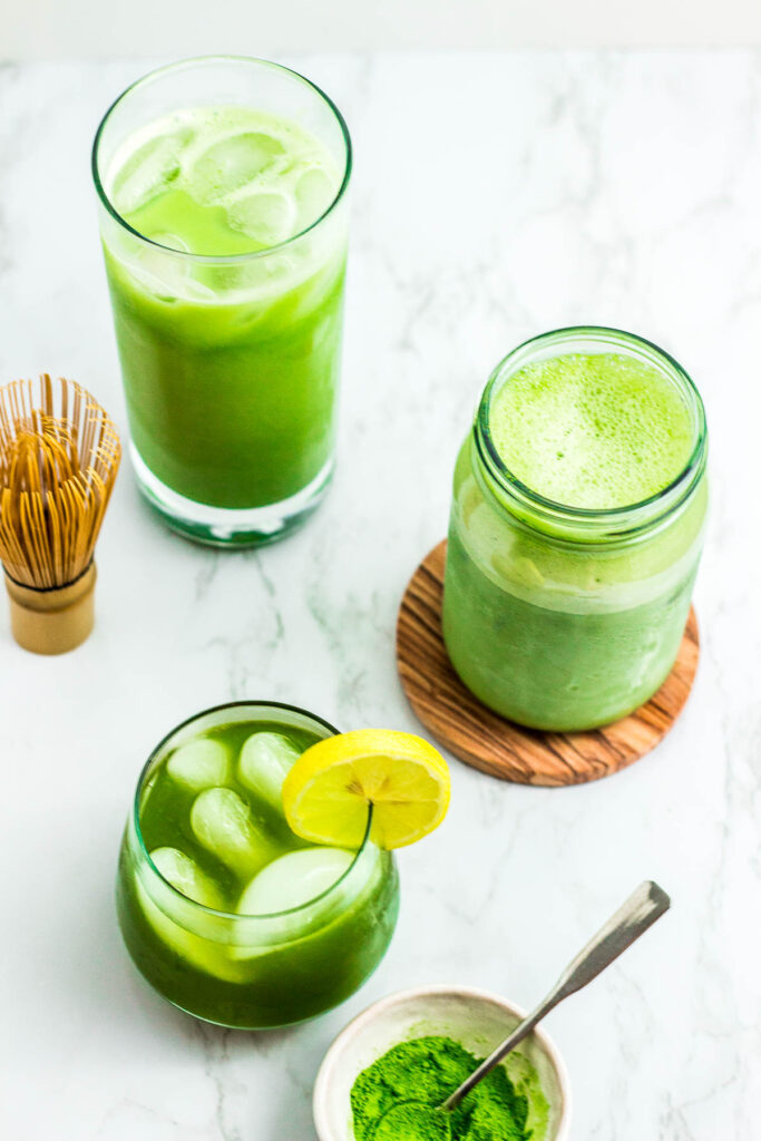 iced matcha water, iced match latte and matcha lemonade