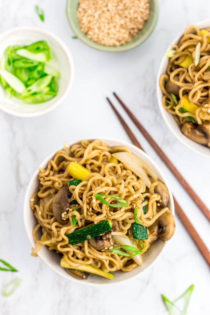 two bowls of hibachi vegetable ramen stir fry