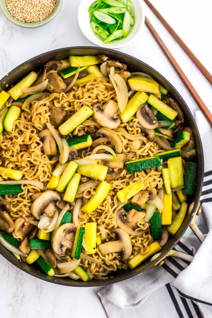 overhead shot of hibachi vegetable stir fried ramen