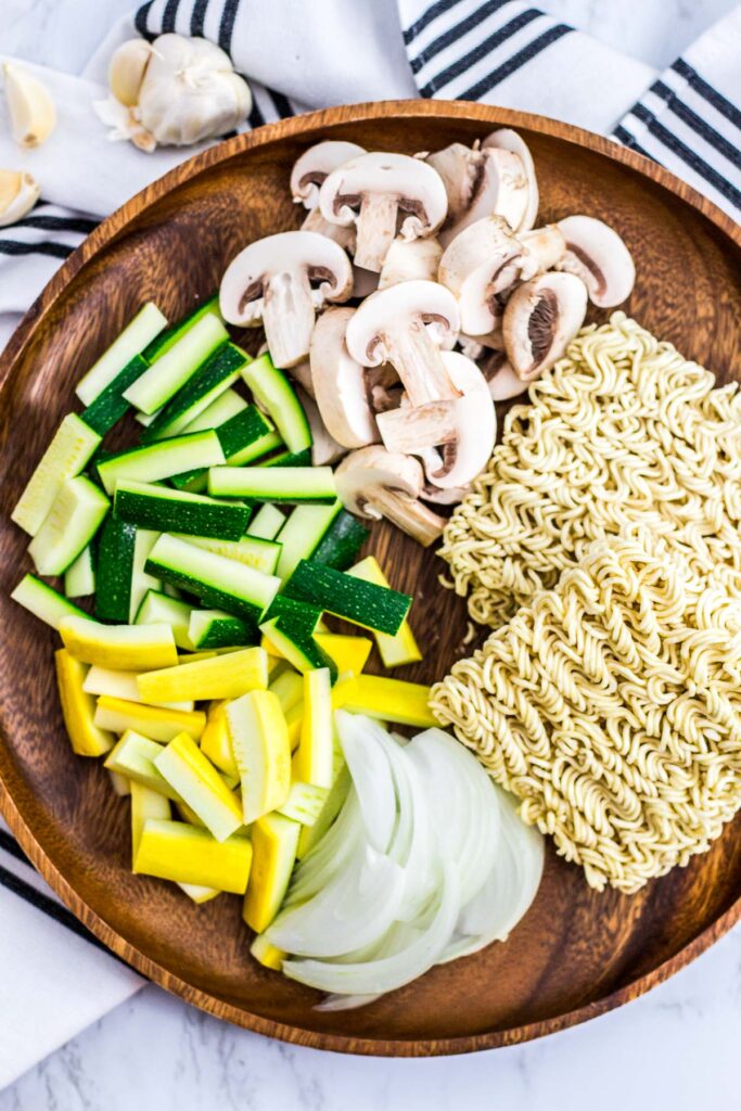 zucchini, yellow squash, mushroom, onion and instant ramen noodle