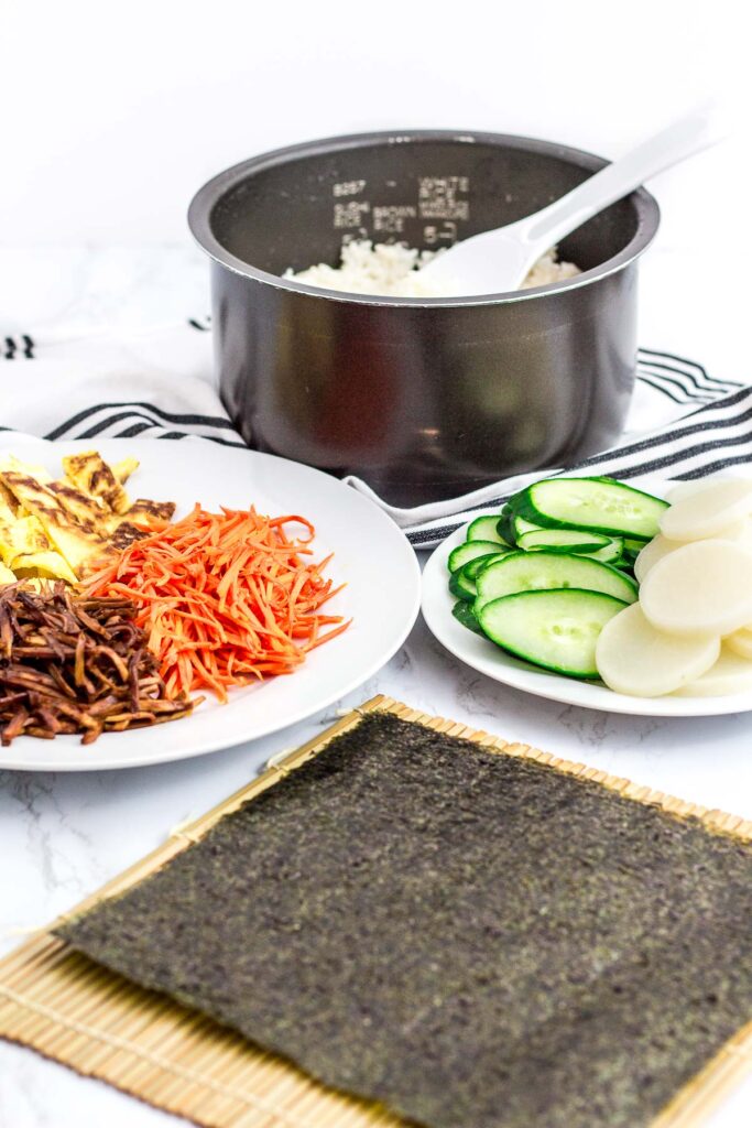 Ingredients to make vegetarian kimbap onigirazu