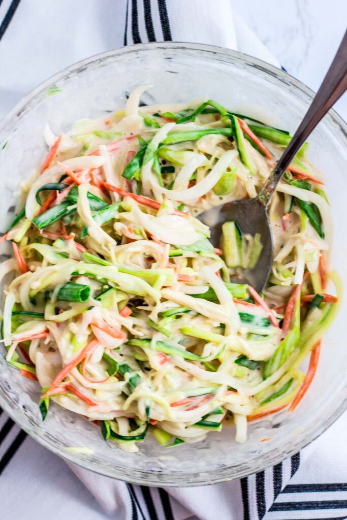 different vegetables mixed in savory batter for Korean scallion pancakes