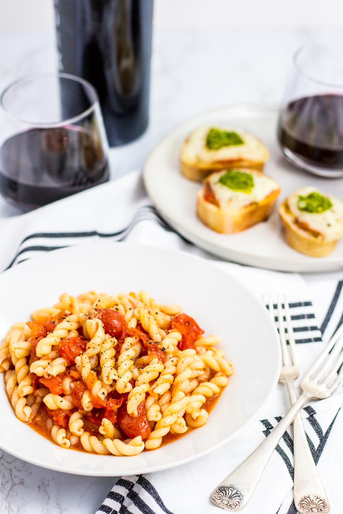 gemelli pasta mixed with slow roasted cherry tomato oil