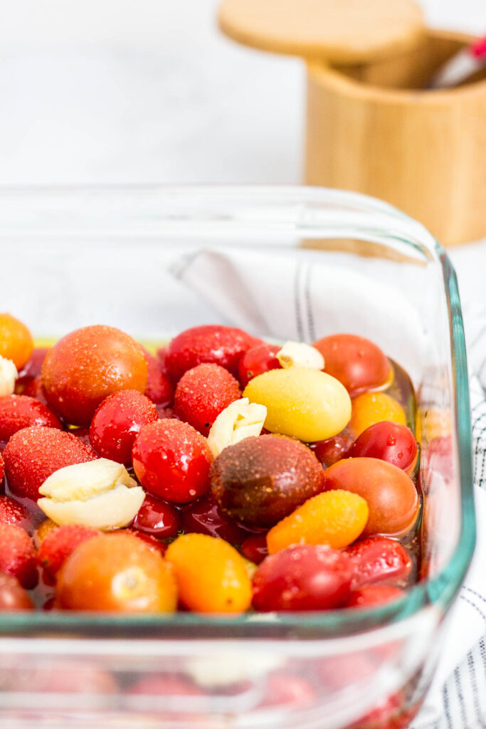 cherry tomatoes, smashed garlic cloves covered in olive oil and salt before baked in the oven