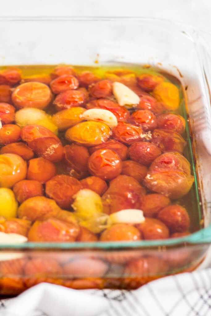 slow roasted cherry tomatoes and garlic in olive oil