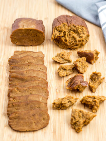 homemade seitan, one sliced, one hand-torn