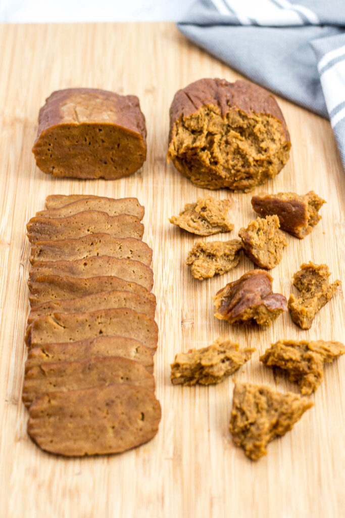 homemade seitan, one sliced, one hand-torn