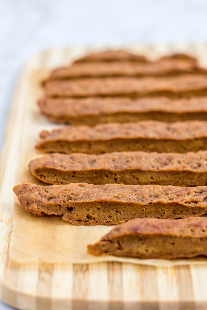 baked beef flavored seitan then sliced into strips