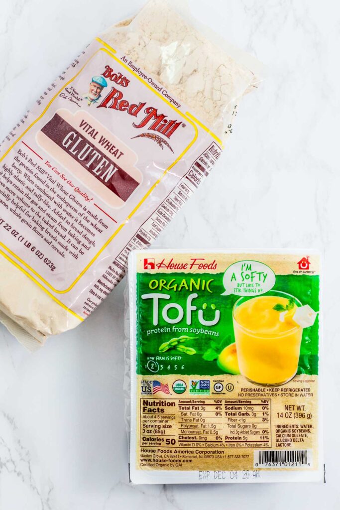 a box of soft tofu and vital wheat gluten flour