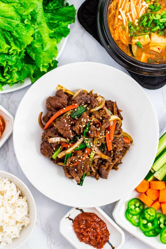 Seitan bulgogi with other Korean BBQ side dishes