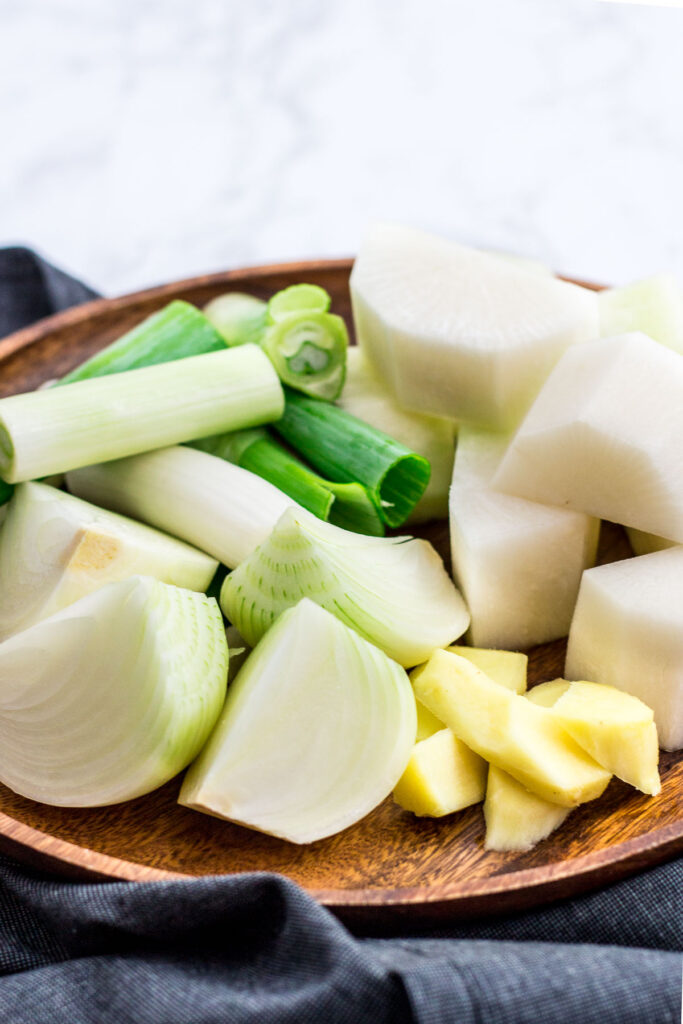 daikon, ginger, onion, and large green onion for the broth