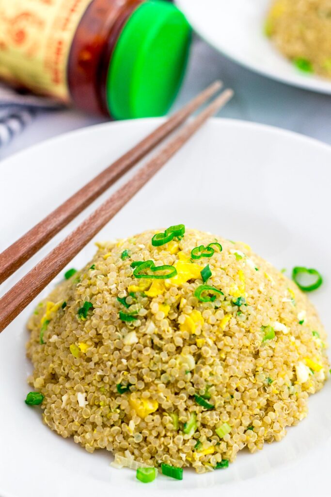 A close up of healthy egg quinoa fried rice