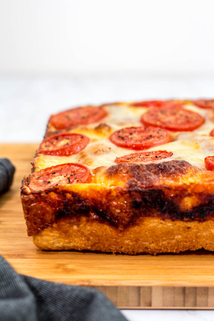 Direct shot of vegetarian Detroit style pizza