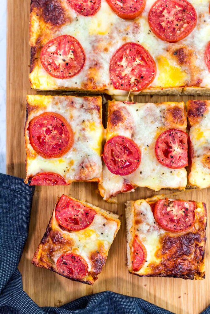 Overhead shot of Detroit style pizza