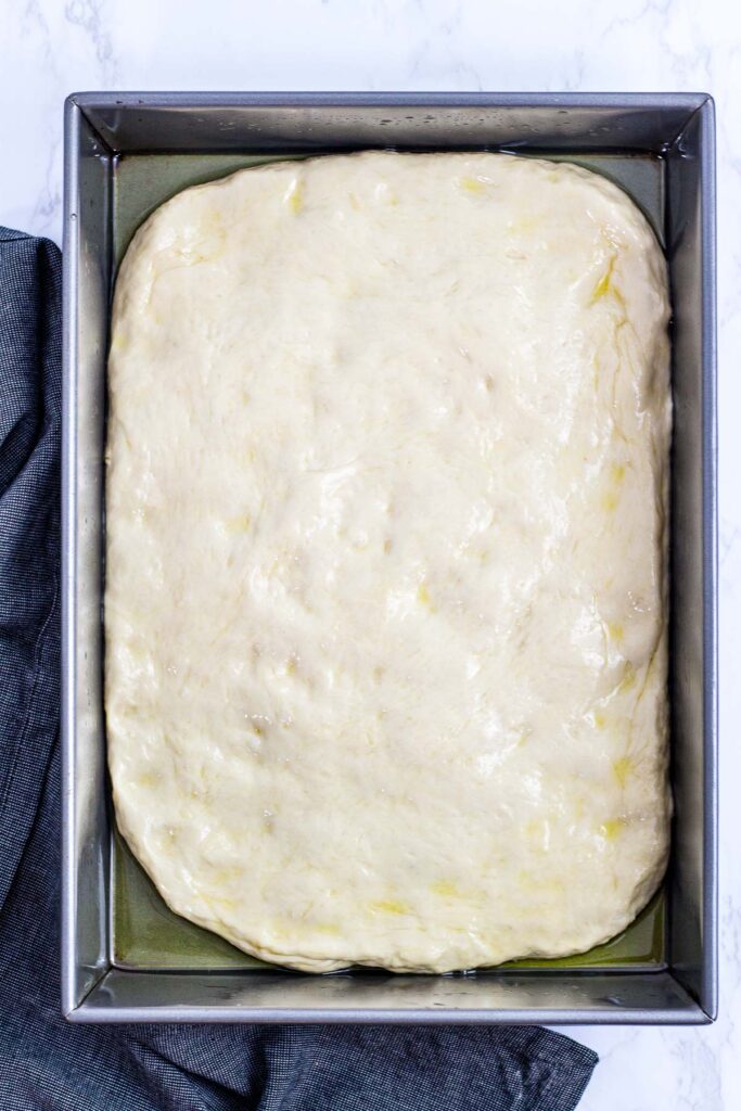 Pizza dough before rising in the baking pan