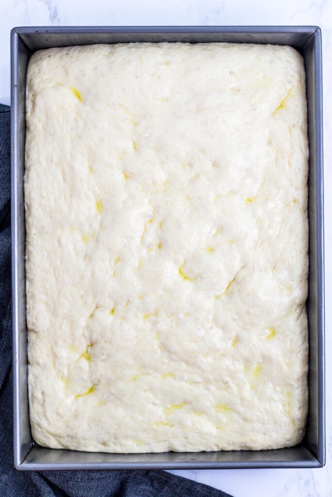 Pizza dough expanded in a baking pan