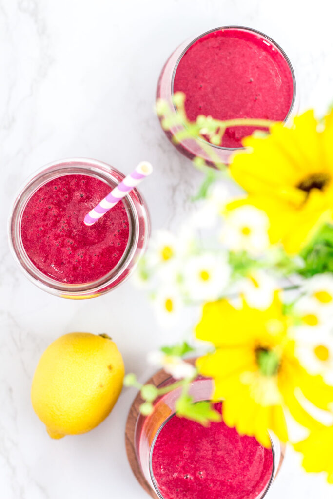overhead shot of red beet smoothie