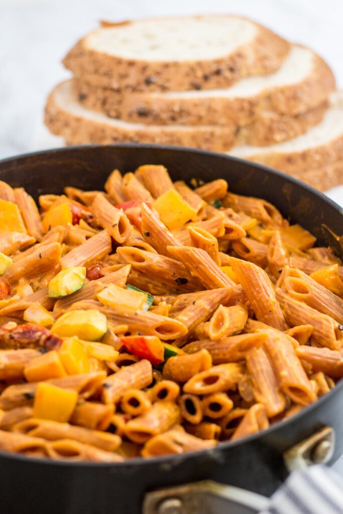 Vegan creamy pasta primavera in the skillet