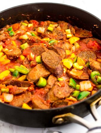 cooked vegan sausage added to the creole sauce