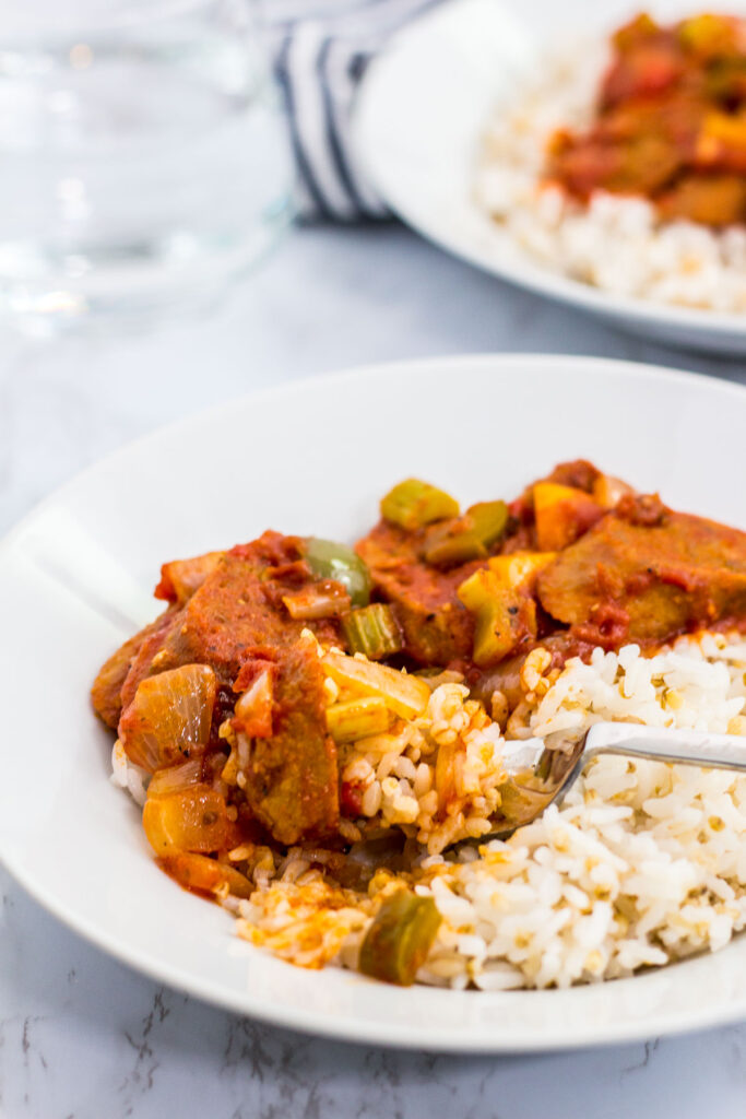 Close up shot of vegan creole sausage cacciatore