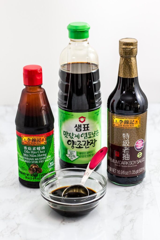 vegan oyster sauce, low sodium soy sauce, and dark soy sauce