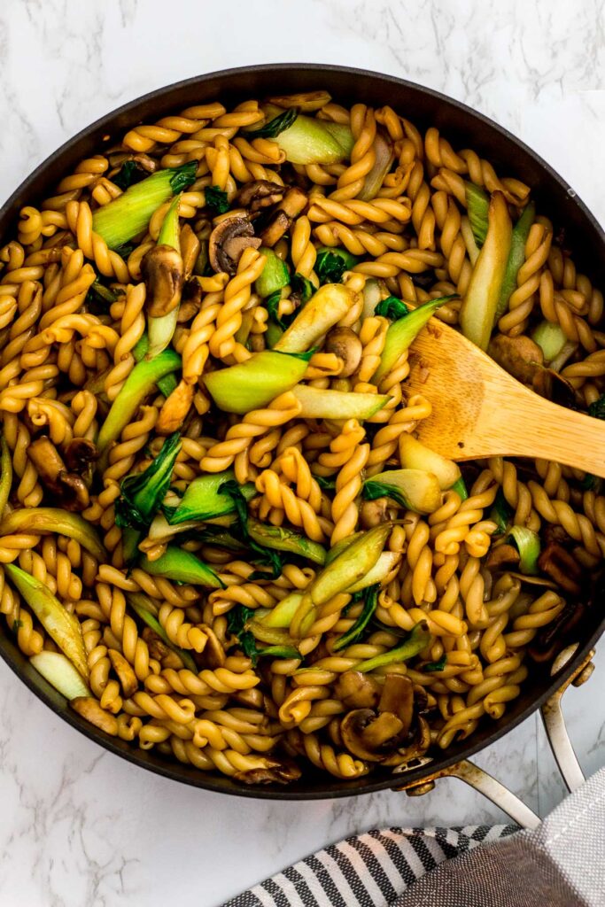 overhead shot of pasta stir fry in the pan