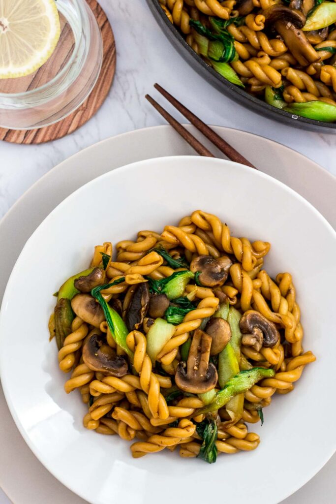Overhead shot of pasta stir fry